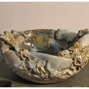 Studio Pottery Bowl Sculptural Rustic Rim White with Blue accent Glaze 8–9” Wide